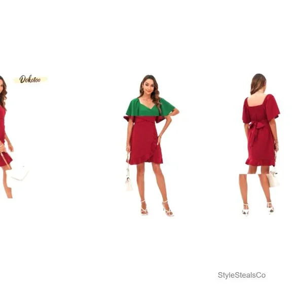 Wrap V-Neck Mini Dress with Flared Sleeves, Elastic Waist, and Belt - Picture 7 of 7